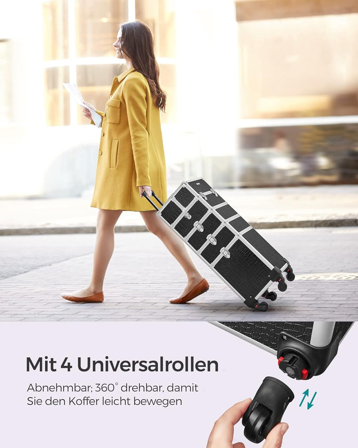SONGMICS Alu Trolley, Kosmetikkoffer mit Rollen, Friseurkoffer, Schminkkoffer ohne Inhalt, Handgepäc