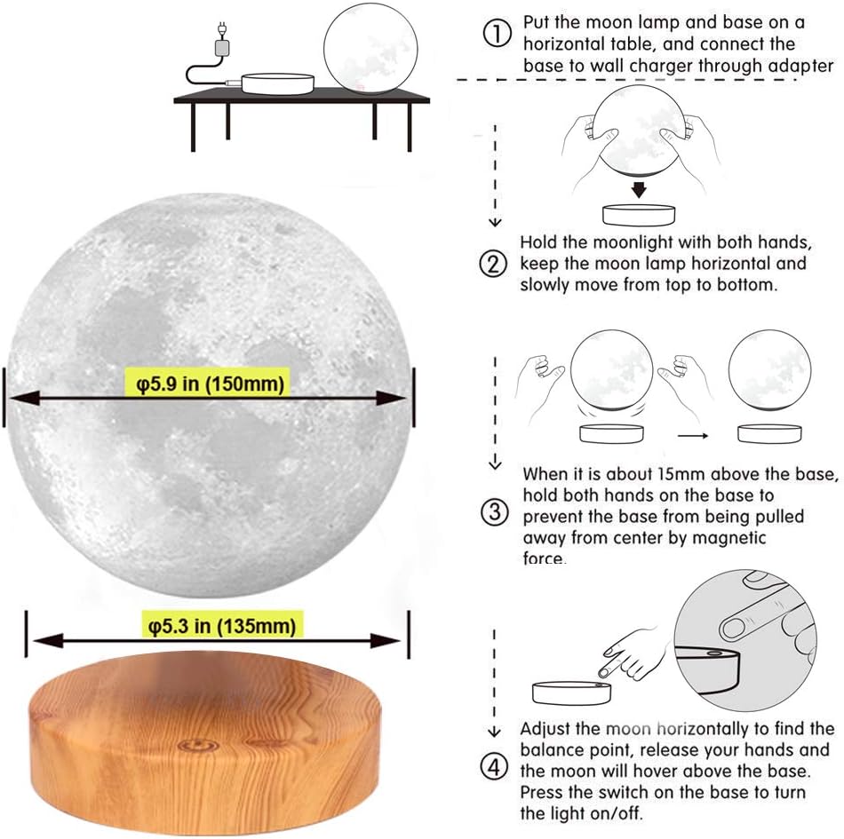 VGAzer Schwebende Mond Lampe,In der Luft frei schweben und spinnen mit hölzerner Basis und Mondlicht