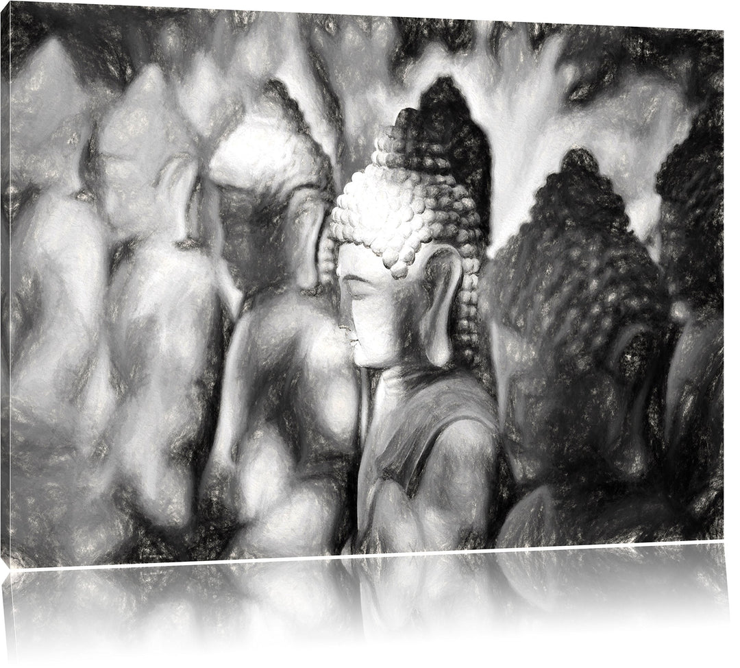 Pixxprint Buddha-Statuen in Einer Reihe / 100x70cm Leinwandbild bespannt auf Holzrahmen/Wandbild Kun