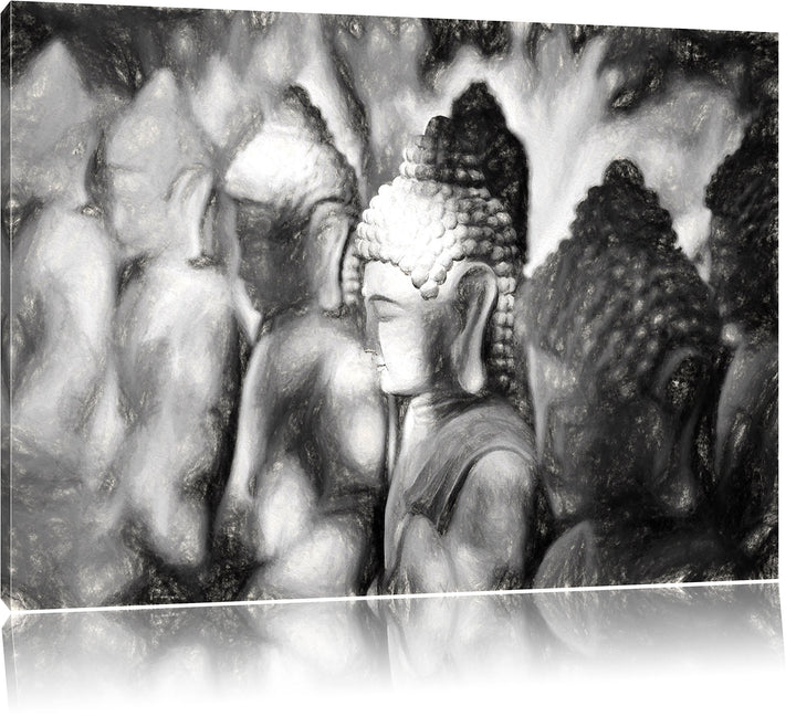 Pixxprint Buddha-Statuen in Einer Reihe / 100x70cm Leinwandbild bespannt auf Holzrahmen/Wandbild Kun