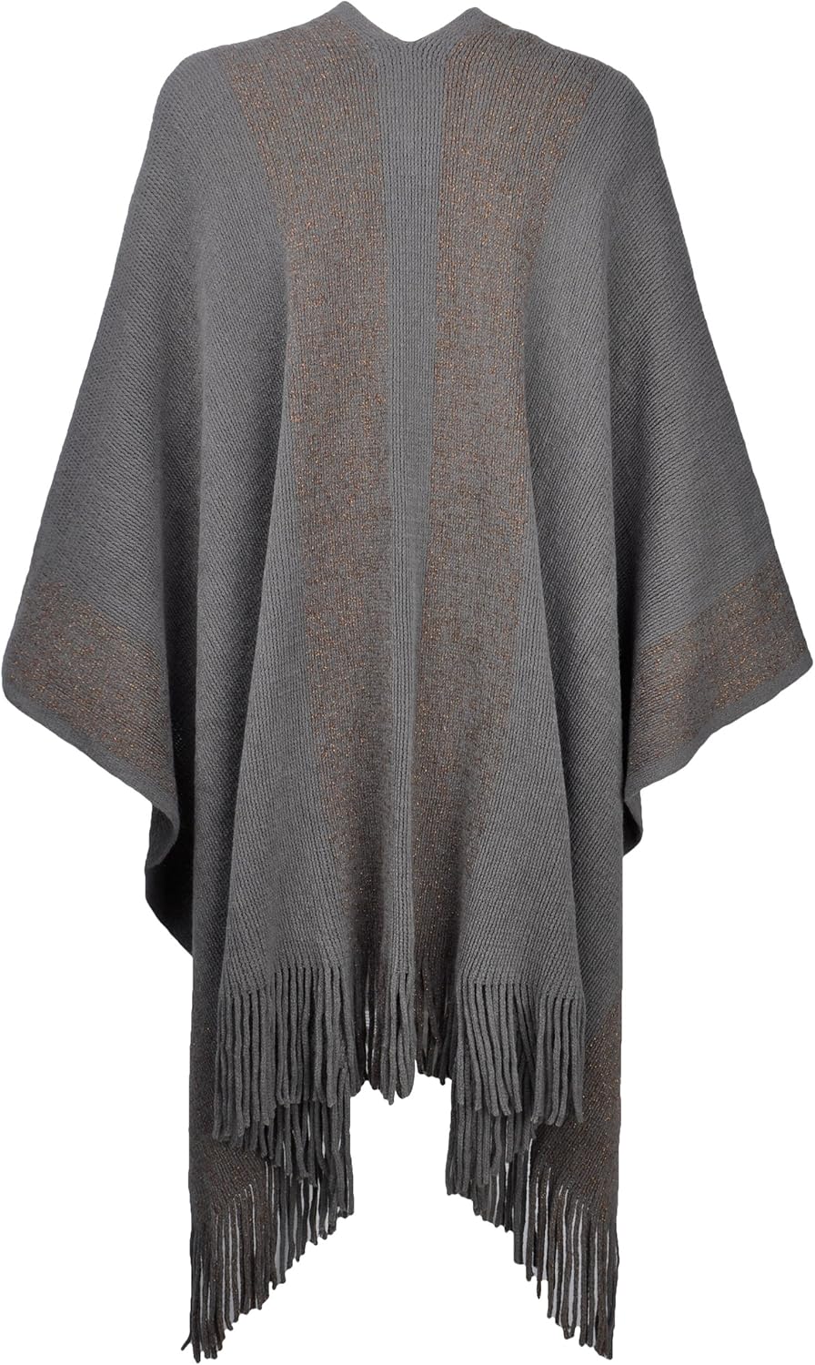 ZLYC Damen Weiche Schlichte Poncho Capes Retro Cardigans Pullover Grau, Grau
