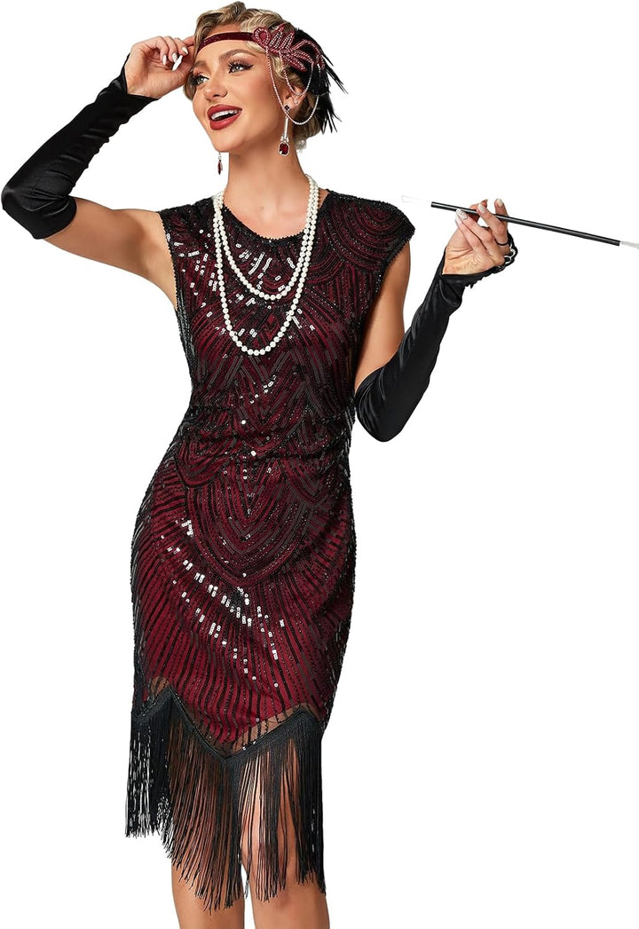 Damen Kleid voller Pailletten 20er Stil Runder Ausschnitt Inspiriert von Great Gatsby Kostüm Kleid S