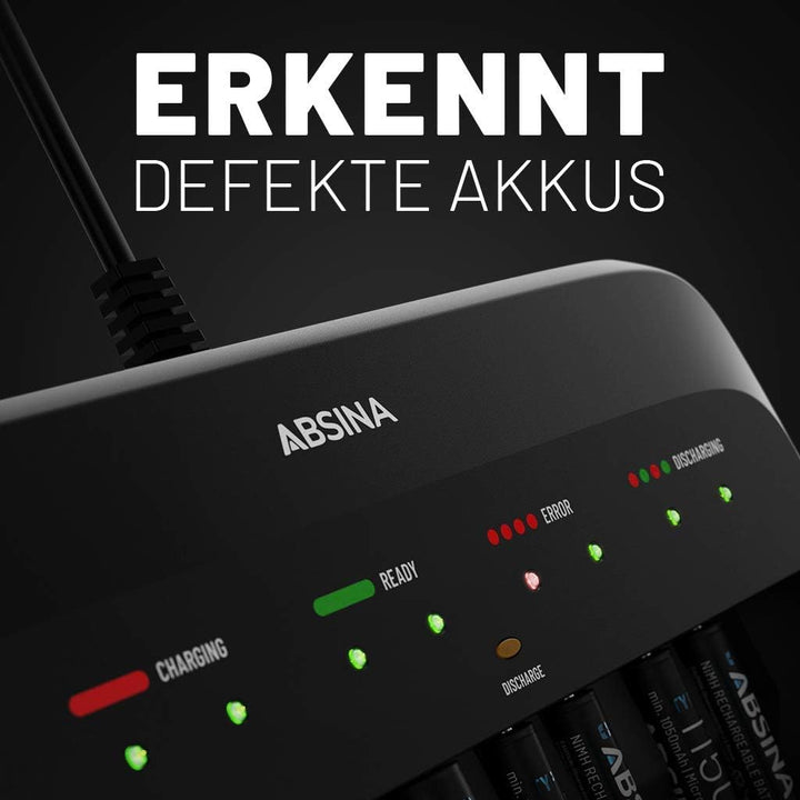 ABSINA Akku Ladegerät X10 für AA, AAA &amp; 9V - Akkuladegerät 10-Fach zum Laden von wiederaufladbaren A