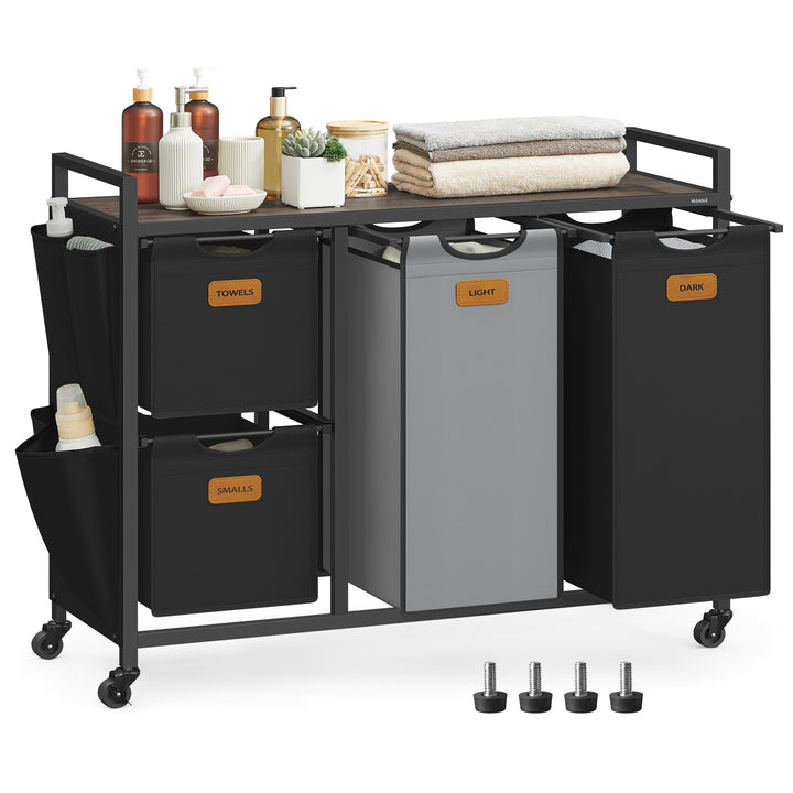 VASAGLE Wäschekorb, Wäschesammler, Wäschesortierer, Rollen, Wäschewagen mit Ablage, kleine seitliche