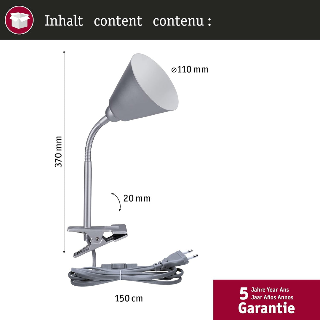Paulmann 95432 Klemmleuchte Vitis mit Flexarm rund max. 20 Watt Lampe Schnurschalter Grau Metall, Ku