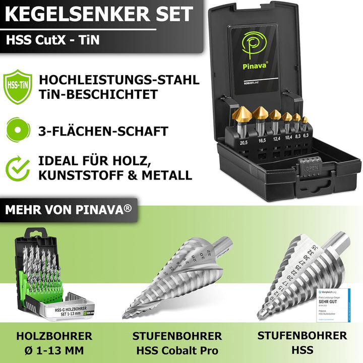 Pinava® Kegelsenker Set HSS CutX [3-Flächen-Schaft für bombenfesten Halt] - Scharfer & Präziser Senk