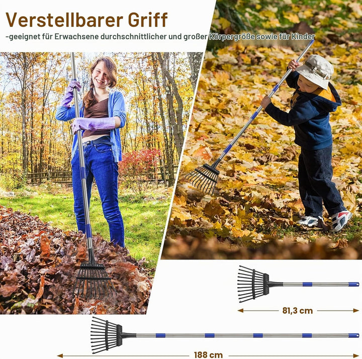 Garten Laubrechen Heavy Duty,Gras Harken für Gartenarbeit mit 11 Metallzinken 21 cm breit,Upgraded 7