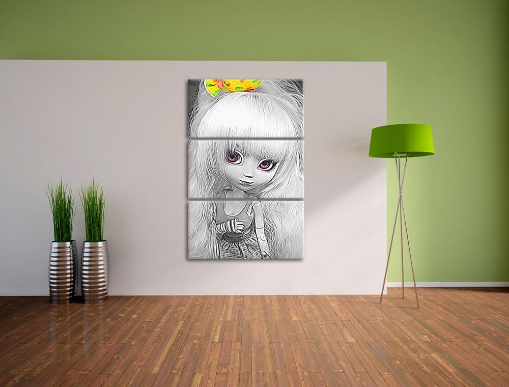 hübsches Pullip-Püppchen im 70er-Jahre-Stil schwarz/weiss Spezial 3-Teiler Leinwandbild 120x80 Bild
