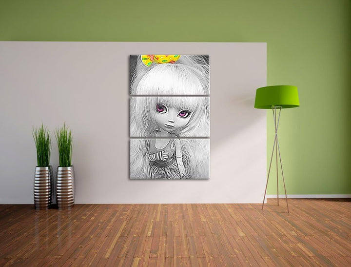 hübsches Pullip-Püppchen im 70er-Jahre-Stil schwarz/weiss Spezial 3-Teiler Leinwandbild 120x80 Bild