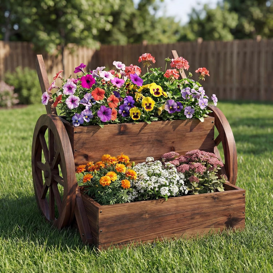 COSTWAY Blumenwagen Holz, Blumenständer mit 2 Rädern & Griffen & Drainagelöchern, Pflanzwagen, 2-stu