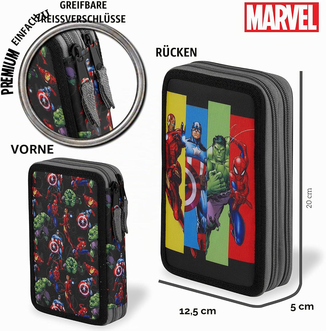 Marvel Federmäppchen für Jungen, Federmäppchen, Fächer, gefüllt, für Schule, Filz, Buntstift, Gesche