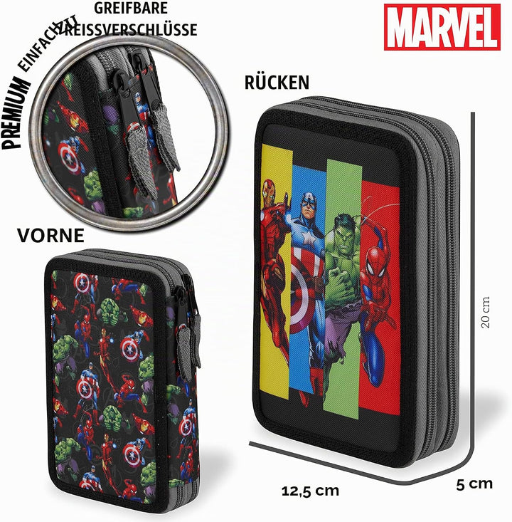 Marvel Federmäppchen für Jungen, Federmäppchen, Fächer, gefüllt, für Schule, Filz, Buntstift, Gesche