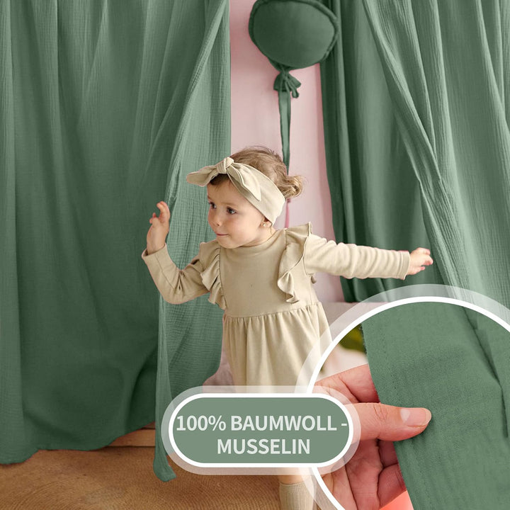 Hausbett Himmel Deko Set, Betthimmel Hausbett aus Musselin - 2 Betthimmel & 1 Wimpelkette, für Junge