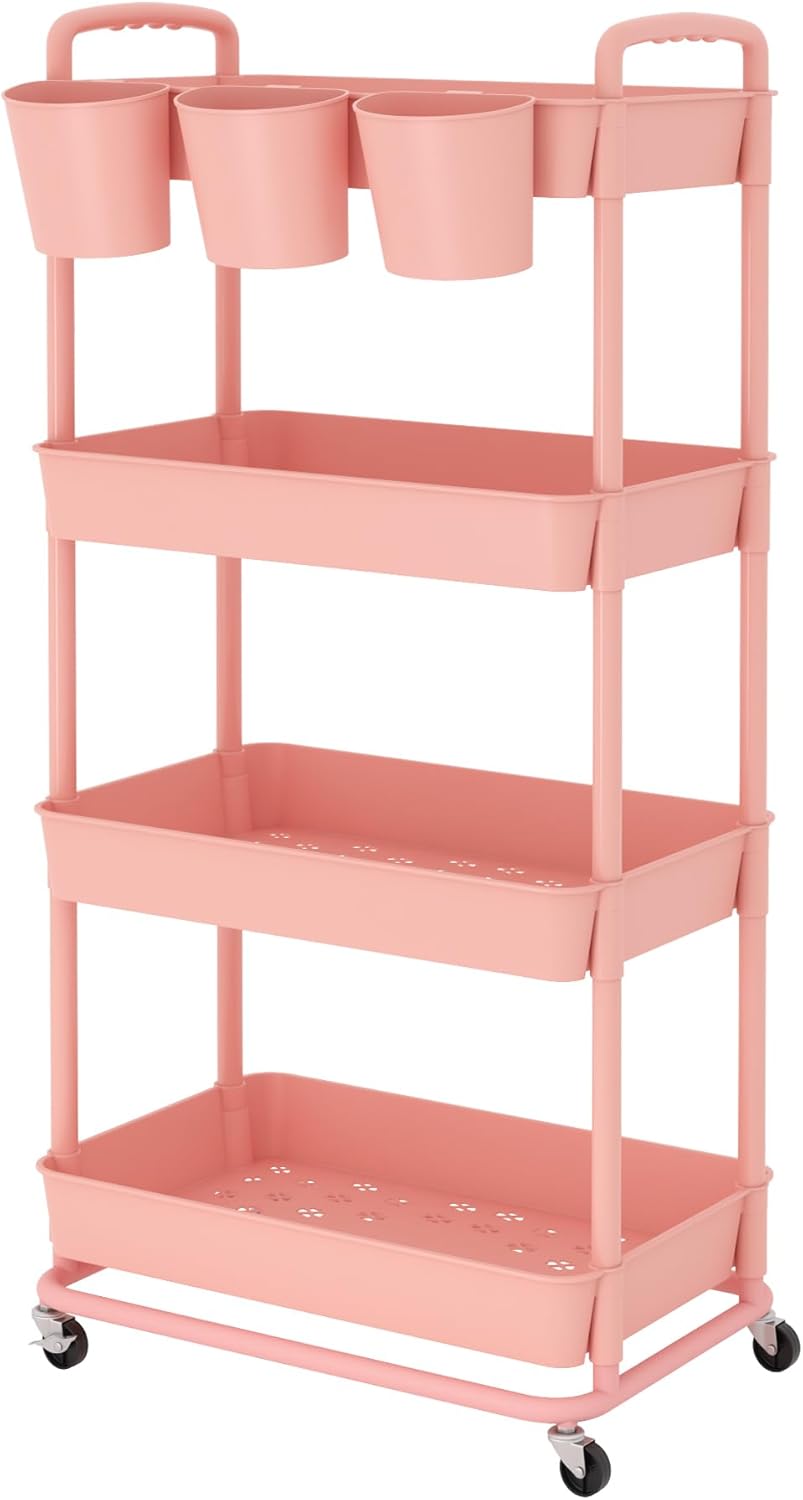 JIUYOTREE Rollwagen mit 4 Ebenen, Kunststoff, mit extra hängenden Griffen, feststellbare Räder für W