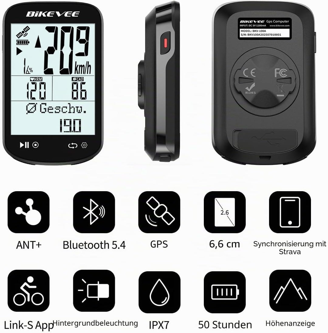 GPS Fahrradcomputer Kabellos ANT+ Bluetooth 2.6'' Glasdisplay 50H Akku Schwarz-AB【Doppelhalterung】,
