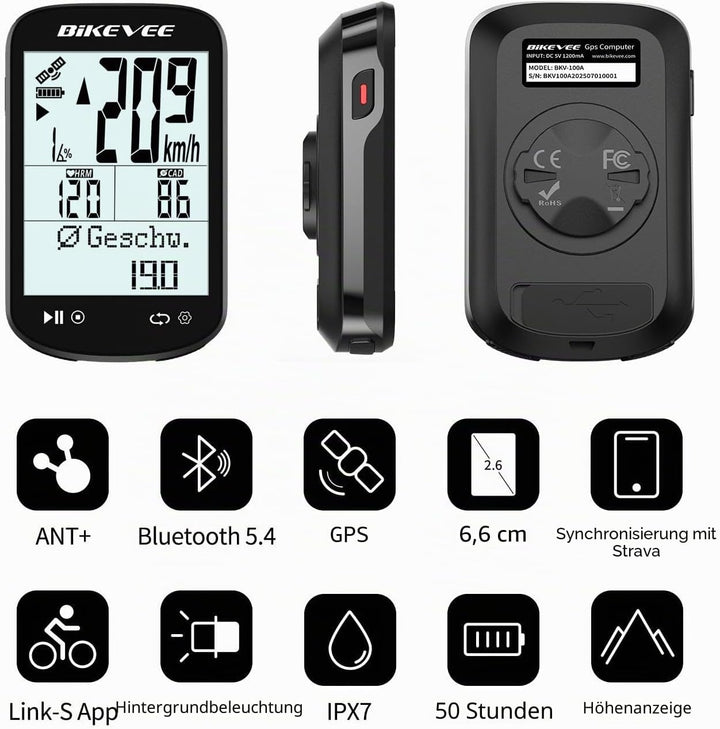 GPS Fahrradcomputer Kabellos ANT+ Bluetooth 2.6'' Glasdisplay 50H Akku Schwarz-AB【Doppelhalterung】,