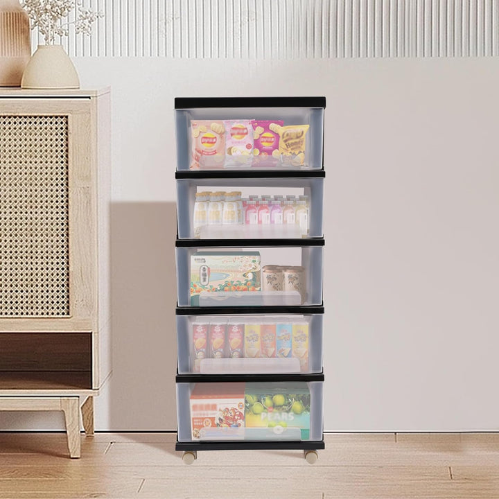 Transparenter Schubladen 5-Stufiger Aufbewahrungsschrank Schubladenbox Container mit Rädern 40x33x98