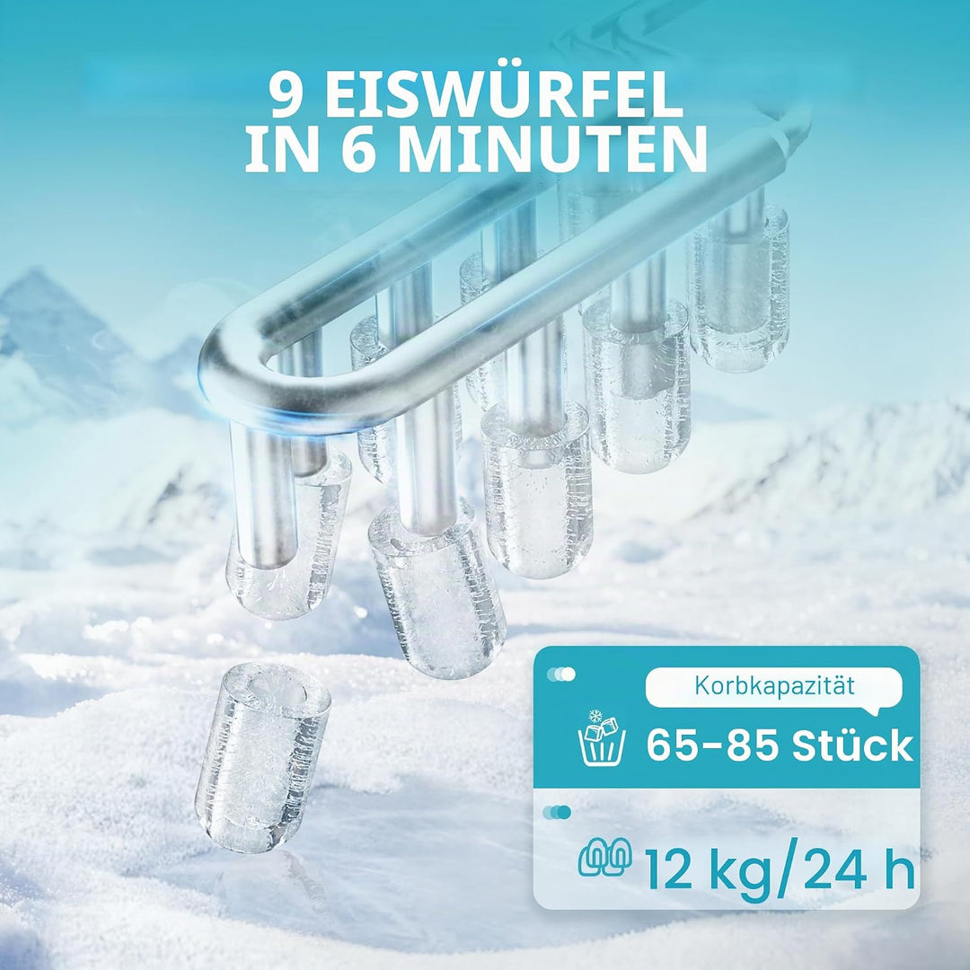 EUHOMY Eiswürfelmaschine 12 kg/24 h, 9 Würfel in 6 Minuten, selbstreinigende Eismaschine, mit Griff,