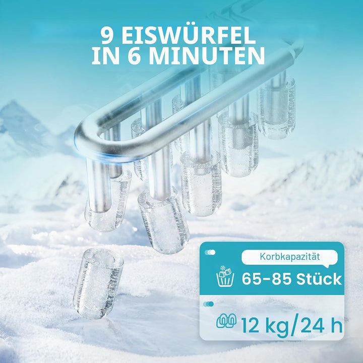EUHOMY Eiswürfelmaschine 12 kg/24 h, 9 Würfel in 6 Minuten, selbstreinigende Eismaschine, mit Griff,