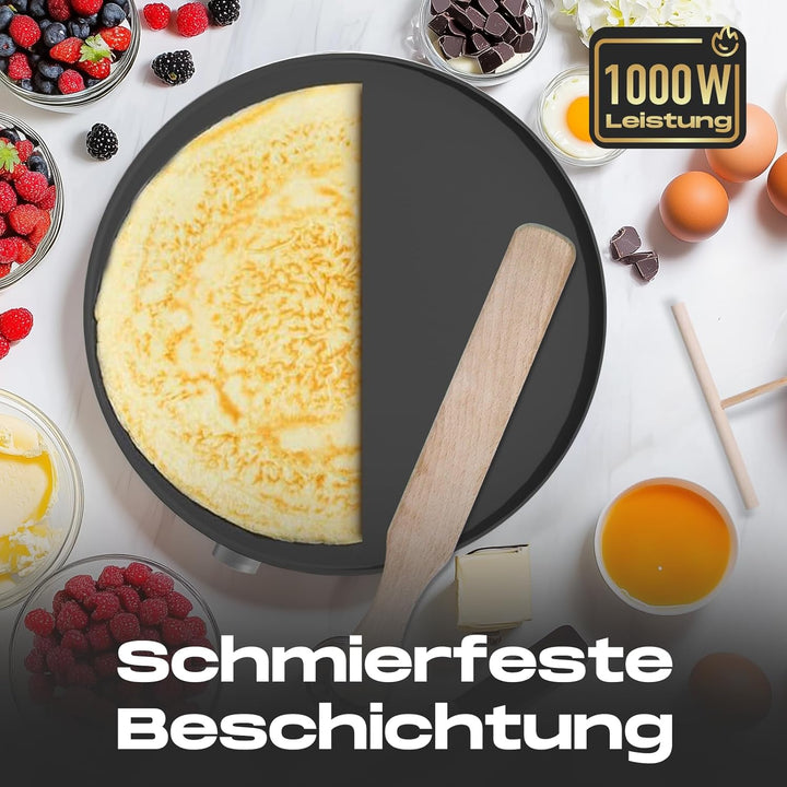 Crepes Maker 1000W Antihaftplatte inkl Teigverteiler Wender stufenlos regelbarer Thermostat Crepe Pf