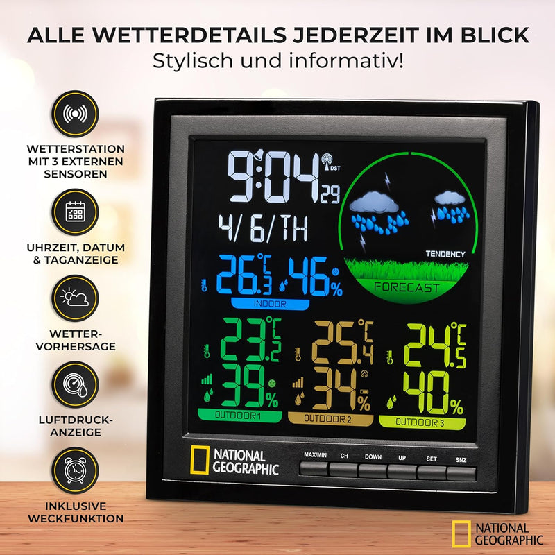 National Geographic Wetterstation Funk mit Aussensensor VA Farb-Wetterstation mit 4 Messbereichen fü
