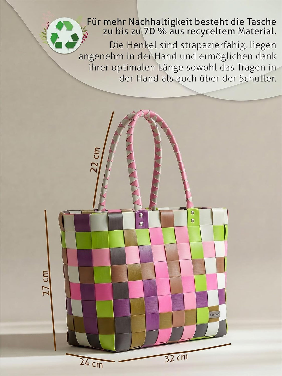 normani Einkaufstasche geflochten mit Henkeln - Tragetasche extra robust Farbe Classic/Orchidea Clas