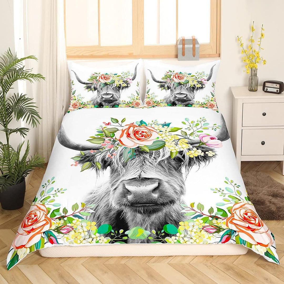Homemissing Highland Kuh Bettwäsche Set für Mädchen Jungen Kinder Bull Rinder Blumen Bettwäsche 135x