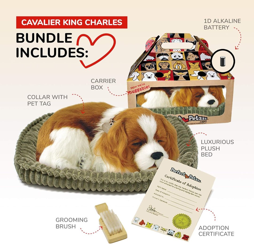 Perfect Petzzz 96309 Plüschhund Cavalier King Charles mit Körbchen, Grösse 25 cm, Kuscheltier atmet