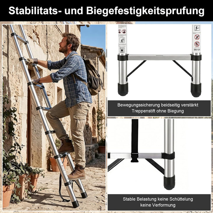 2,6 m Teleskopleiter, verstärkter Edelstahl-Leiter mit Anti-Biege-Erweiterung, 150 kg stabiler Faltl