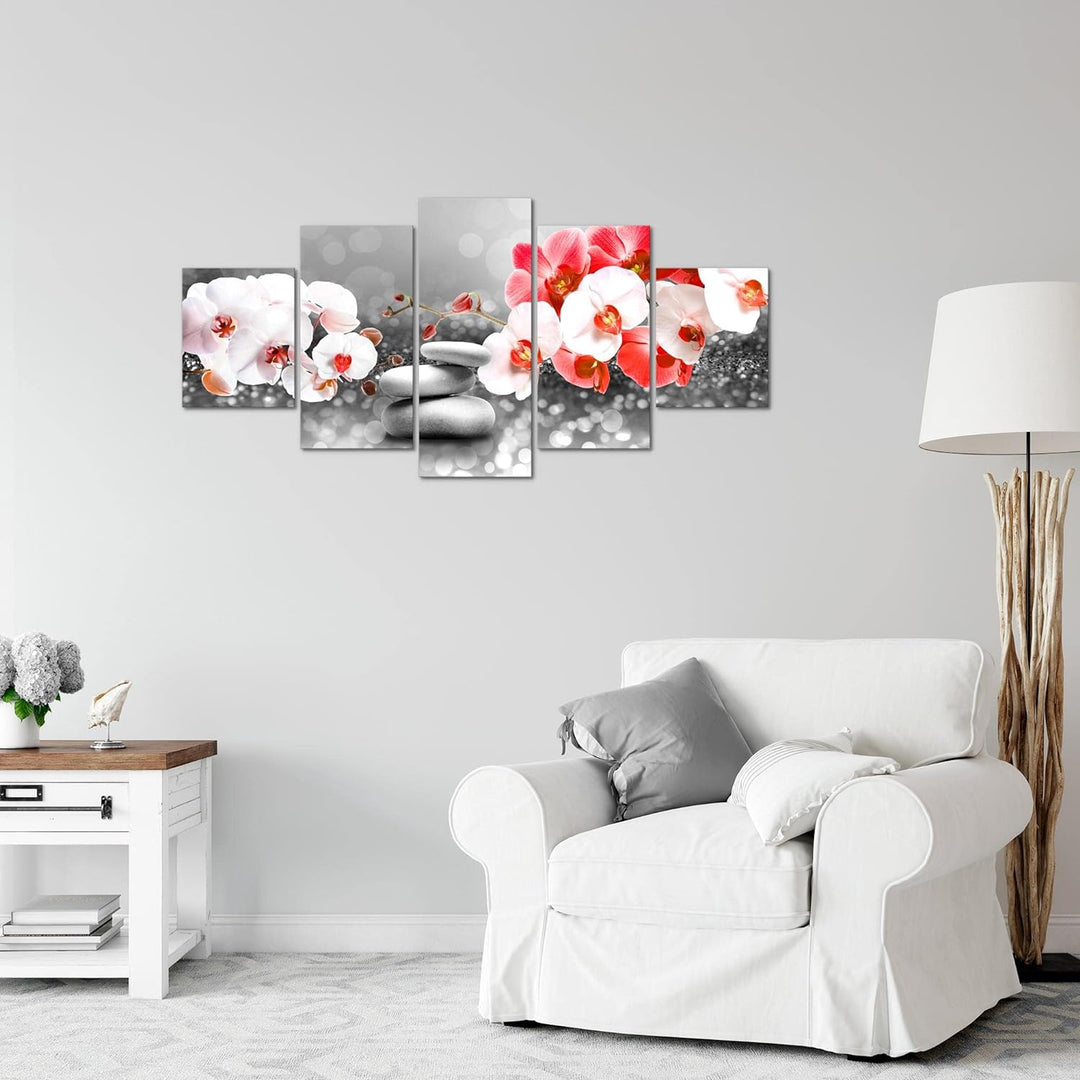 Runa Art Wandbilder Blumen Orchidee 5 Teilig Bild auf Vlies Leinwand Deko Wohnzimmer Zen Rot Grau 03