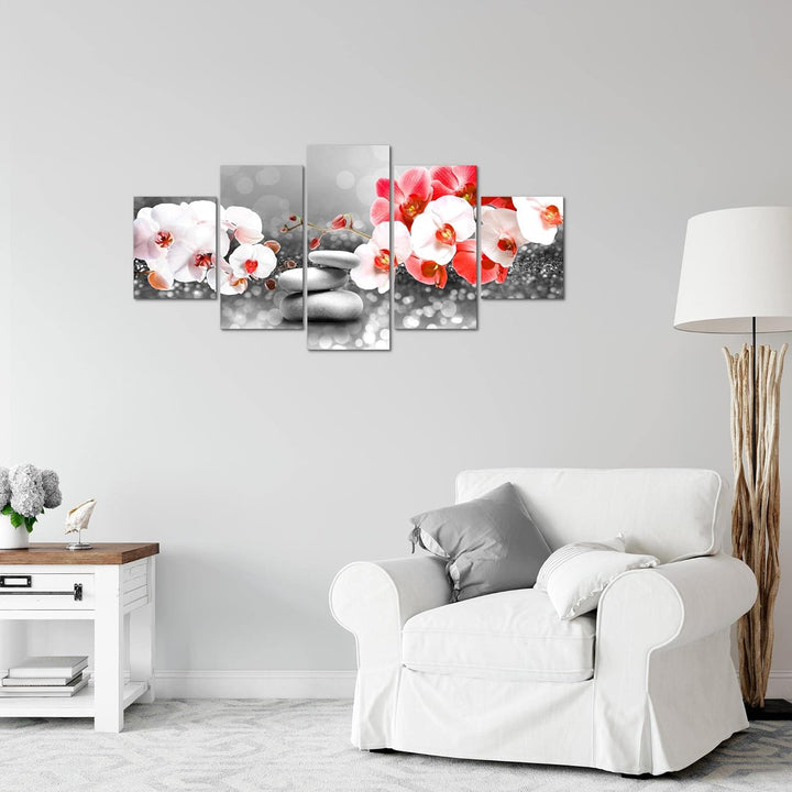 Runa Art Wandbilder Blumen Orchidee 5 Teilig Bild auf Vlies Leinwand Deko Wohnzimmer Zen Rot Grau 03