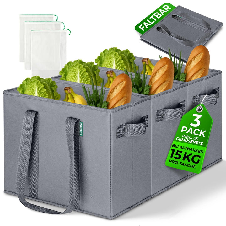COTTARA® grosse Einkaufstasche faltbar 3er Pack & Obstnetz – stabiler grosser Einkaufskorb faltbar m