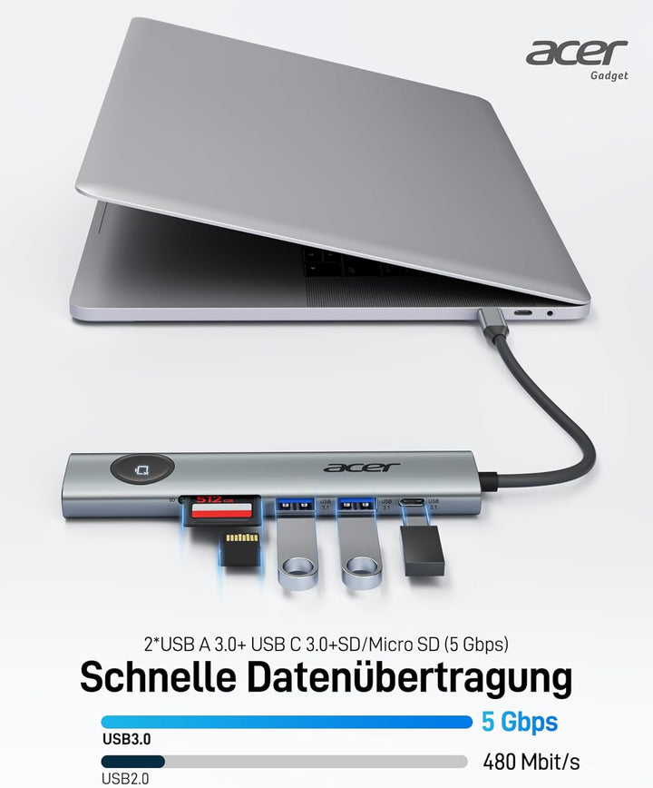 acer USB C Hub 7 in 1, 4K@60Hz HDMI Adaptermit PD 100W, 2X USB 3.0, Kartenleser und Bildschirmsteuer