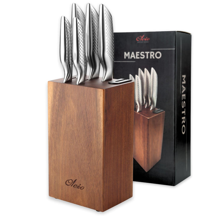 Maestro Messerset mit Messerblock – 6 teilig – Edelstahl Küchenmesser Set mit Block & integriertem M