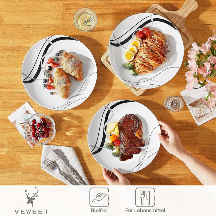 VEWEET Fiona Porzellan Rund Teller, Essteller Set 6 Personen, Durchmesser 27,4 cm, Geschirr für Mikr