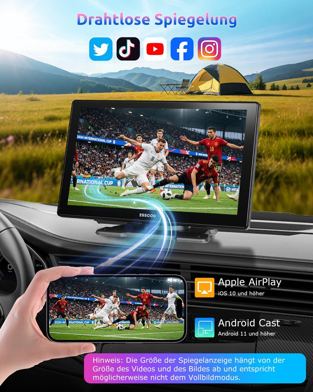 ESSGOO Carplay Android Auto Display mit Rückfahrkamera,9 Zoll Carplay Bildschirm für Apple/Android A
