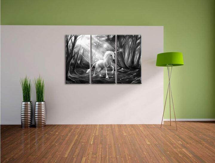 Pixxprint Einhorn im Märchenwald als Leinwandbild/Grösse: 3 Teilig (120x80) / Wandbild/Kunstdruck/fe
