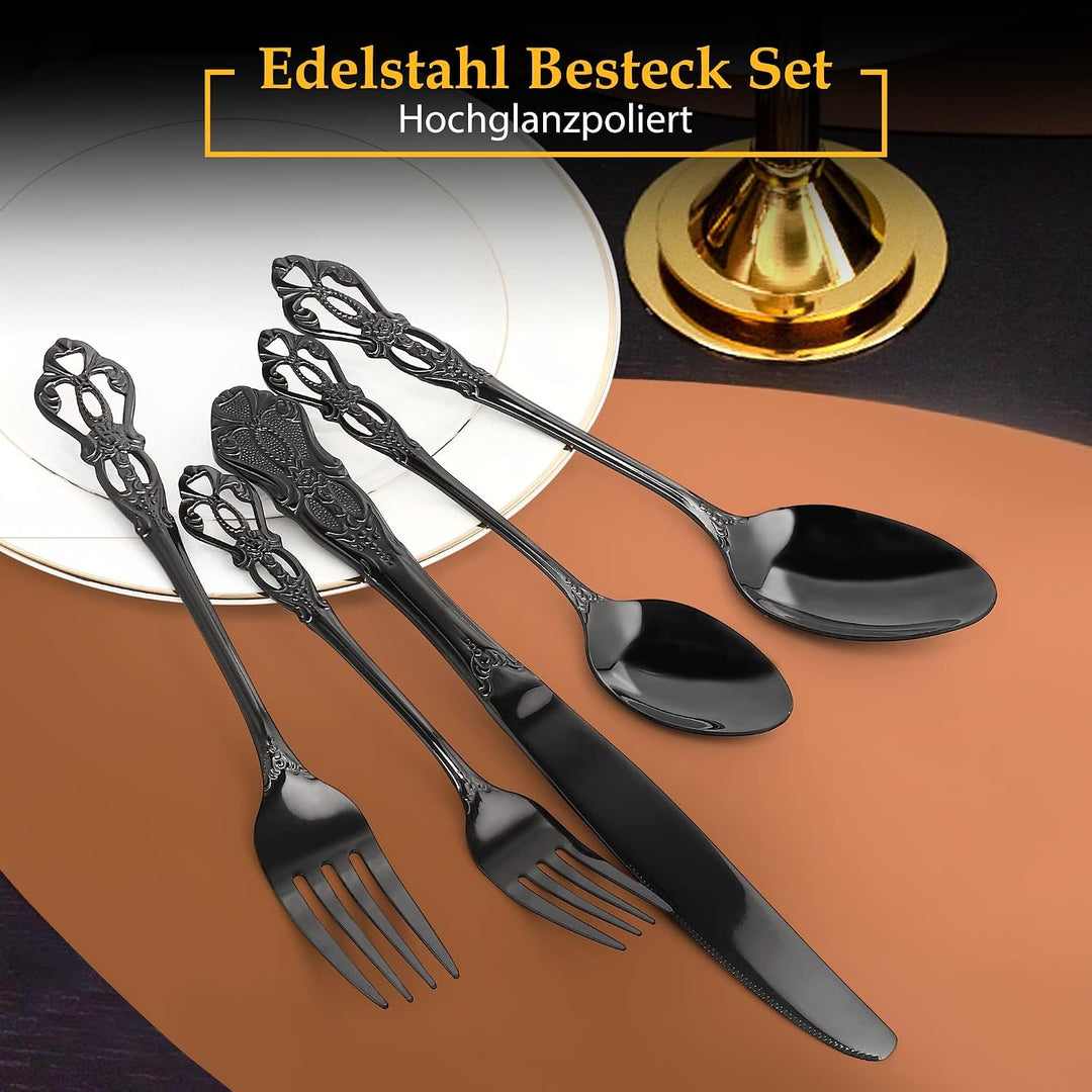 Besteck Set, 40-teilig Besteck Schwarz, Vintage Palast-Stil Besteckset 8 Personen aus Edelstahl, Sch