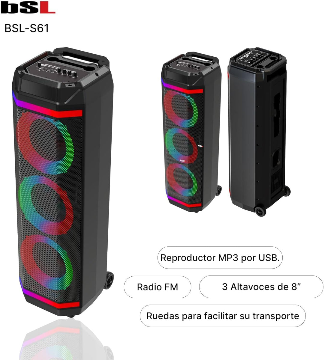 Bluetooth-Lautsprecher BSL-S61 mit Beleuchtung an den Lautsprechern | 3 Lautsprecher mit 8 Zoll | 50