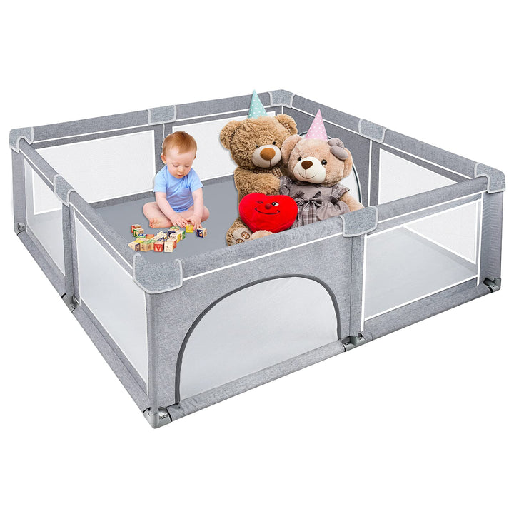 NAIZY Baby Laufstall L Laufgitter Grau Absperrgitter mit Rutschfester Basis und Atmungsaktivem Netz