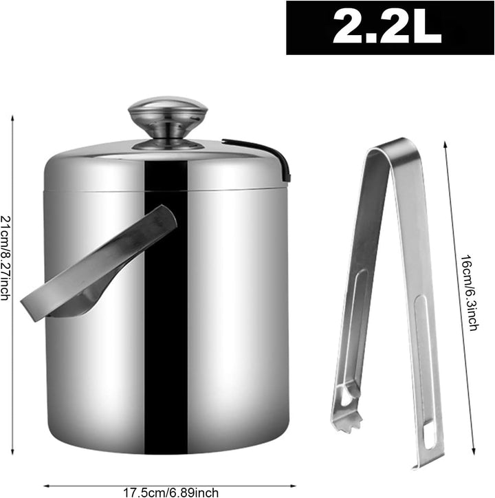 Emsmil 2.2L Eiseimer mit Deckel Zange und Sieb Eiskübel Edelstahl Eisbehälter Sektkühler Eiswürfelbe