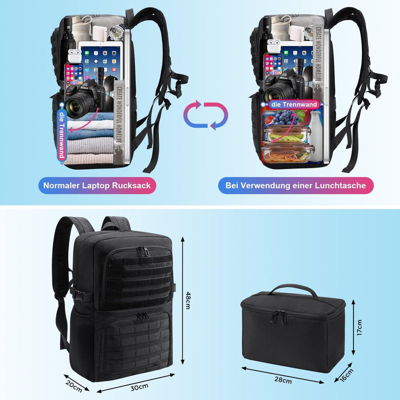 BERTASCHE Lunch Rucksack, Laptop Rucksack mit Kühltasche für 15,6 Zoll, 2-IN-1 Rucksack Herren für A