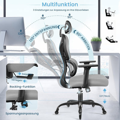 KERDOM Bürostuhl Ergonomischer Schreibtischstuhl,mit Verstellbarer Kopfstütze, Armlehnen, Lendenwirb