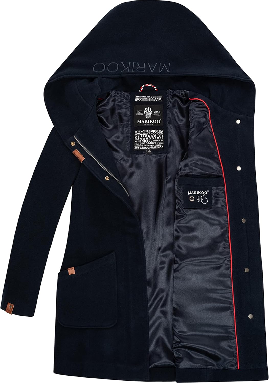 MARIKOO Damen Mantel in Wollmantel-Optik warmer Trenchcoat mit Kapuze Maikoo XS-5XL XL Dark Navy, XL