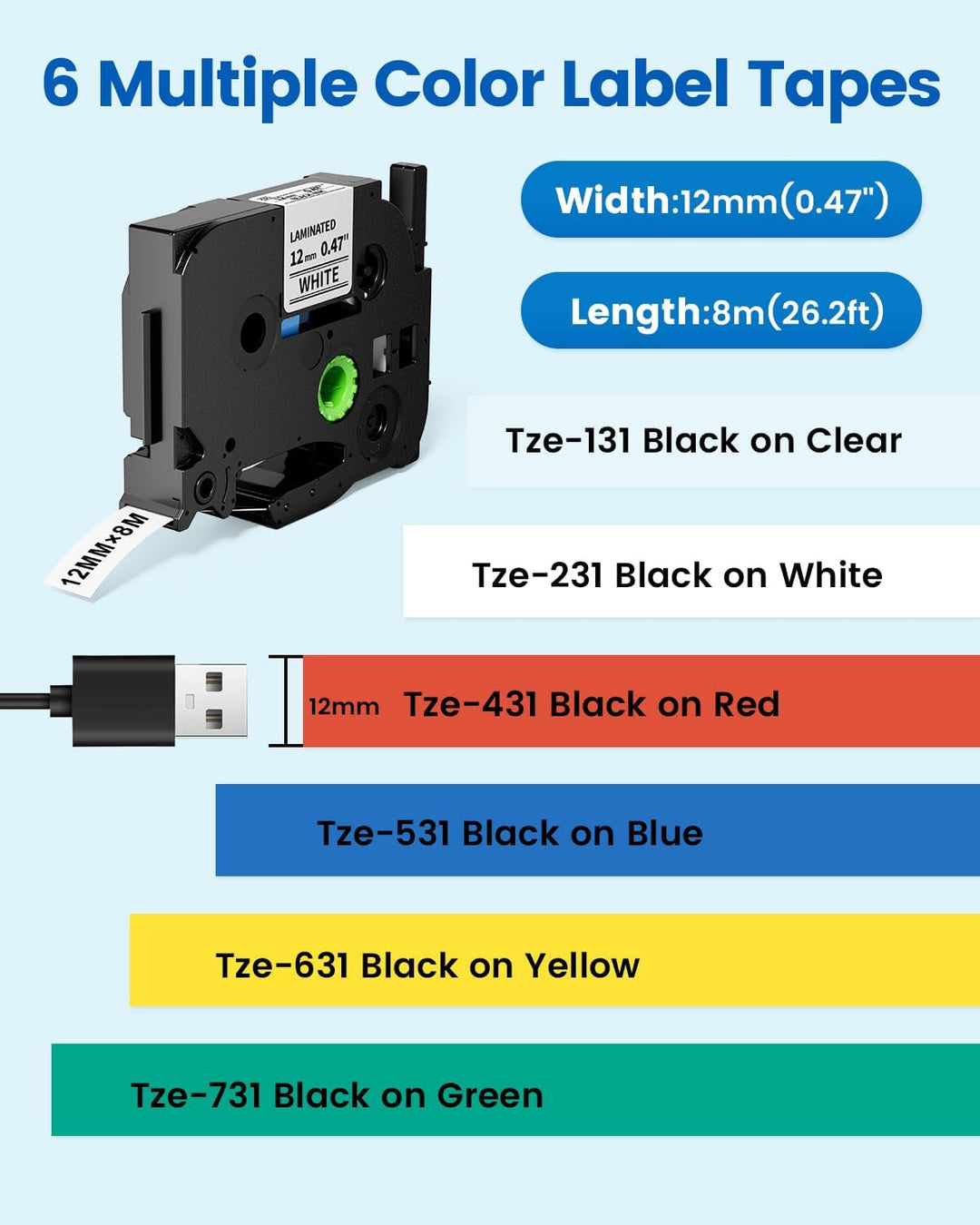 Aze 12mm Schriftbänder Kompatibel mit Brother p-touch Bänder 12mm, Schwarz auf Weiss/Transparent/Rot