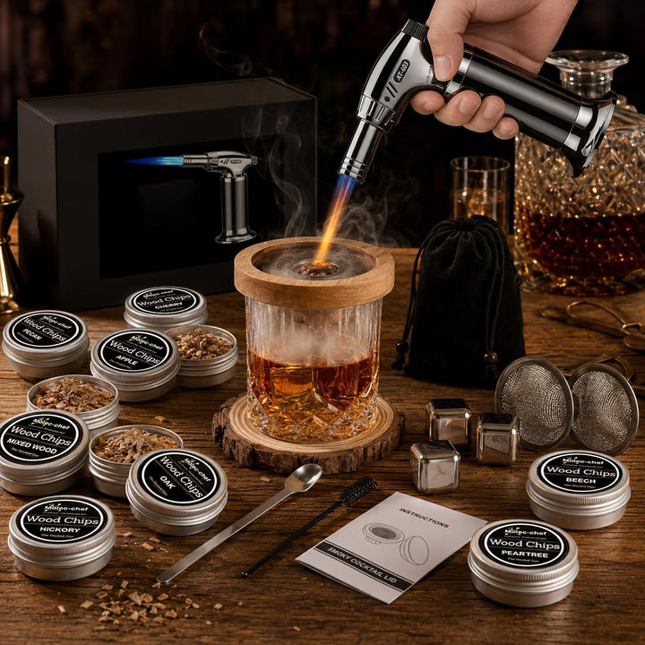 Whisky-Räucherset mit Fackel, Cocktail Räucher-Set mit 8 Holzsorten & Zubehör Drink Räucher-Kit für