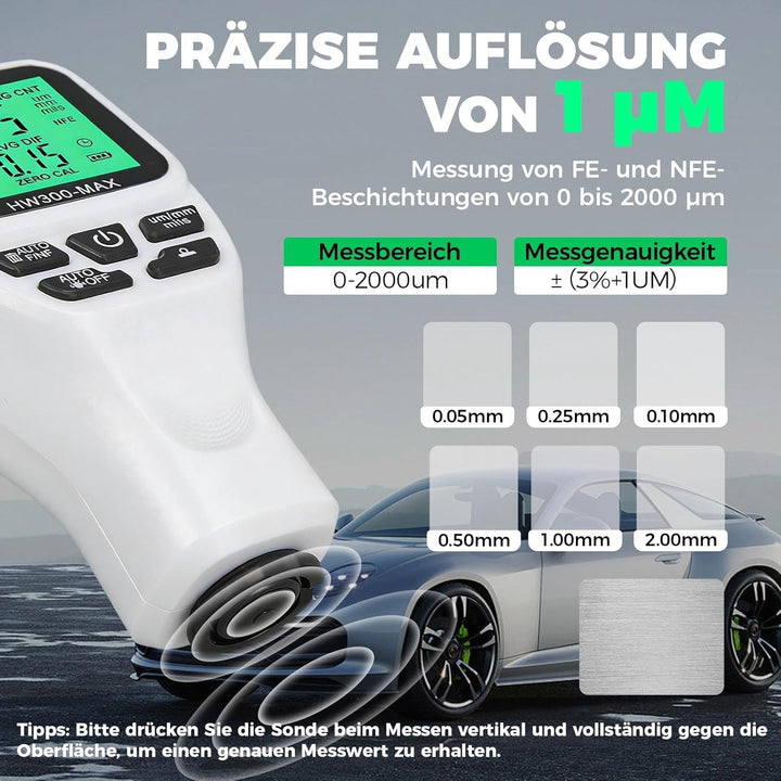 Digitales Lackmessgerät Auto, 0-2000 µm Lackdickenmessgerät für Auto, Einheitenumrechnung (Mikron, M