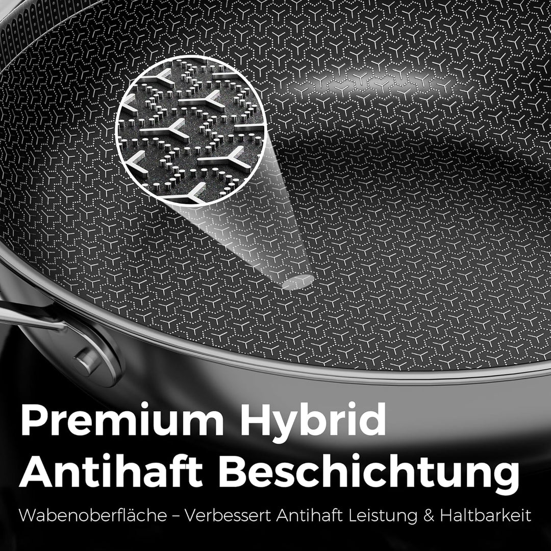 28cm Wokpfanne mit Deckel | DiamondTitan-Hybrid Keramikbeschichtung Wabenpfanne | Antihaft-Wabenstru