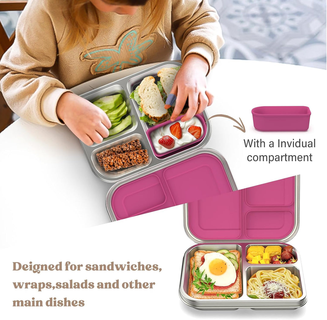 Edelstahl Brotdose Lunchbox Kinder, Metal Bento Lunch Box Auslaufsicher,3 Fächern mit Silikonbehälte