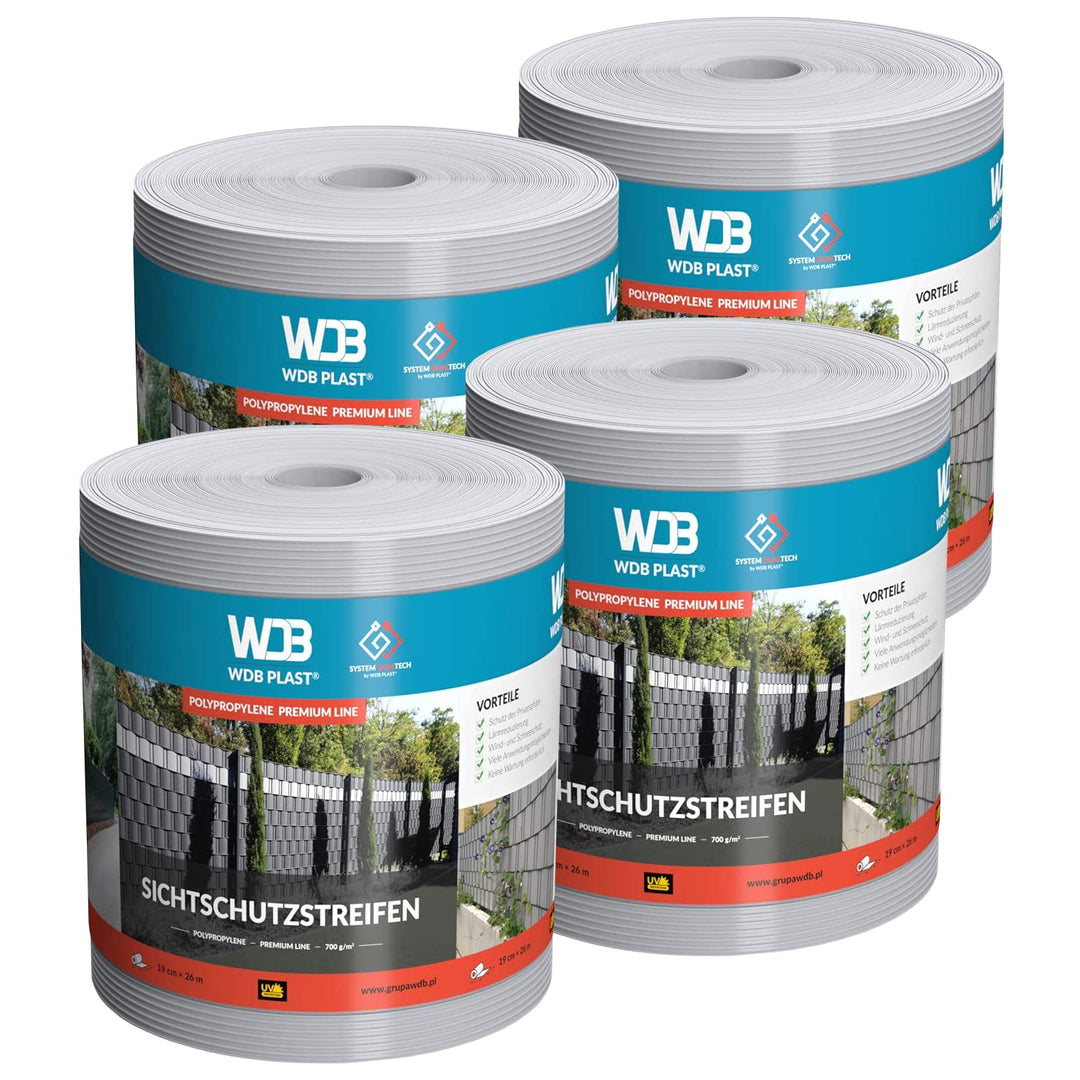WDB - Sichtschutzstreifen für Doppelstabmatten Sichtschutz Zaun - Set 4X 26 m x 19 cm - Hart PP Wind